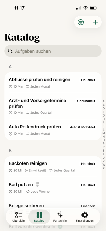Adulting Katalog: Aufgaben suchen und Kategorien