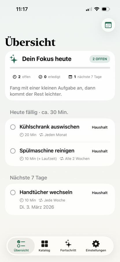 Adulting Übersicht: Fokus heute und nächste 7 Tage